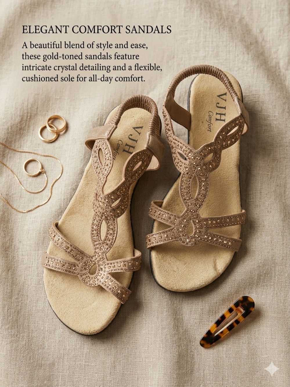 VJH Confort Gold-Toned Crystal Embellished Women's Sandals